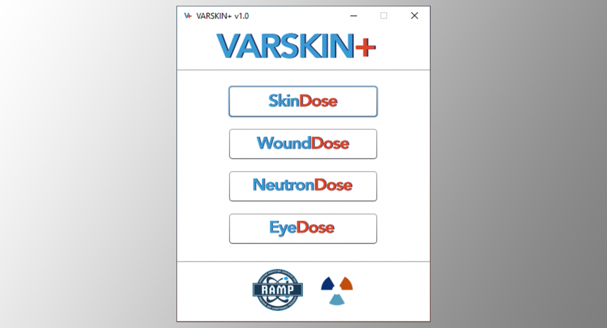 VARSKIN+ v1.0 user interface - options for Skin Dose, Wound Dose, Neutron Dose, and Eye Dose.